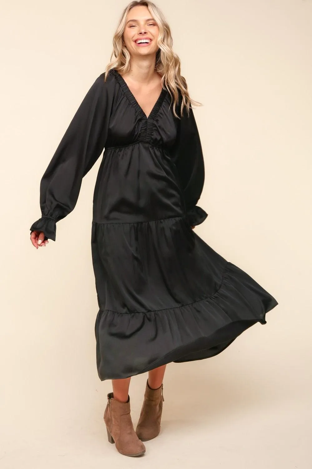 Haptics Midi Dress Flounce Long Sleeve Tiered with Pockets