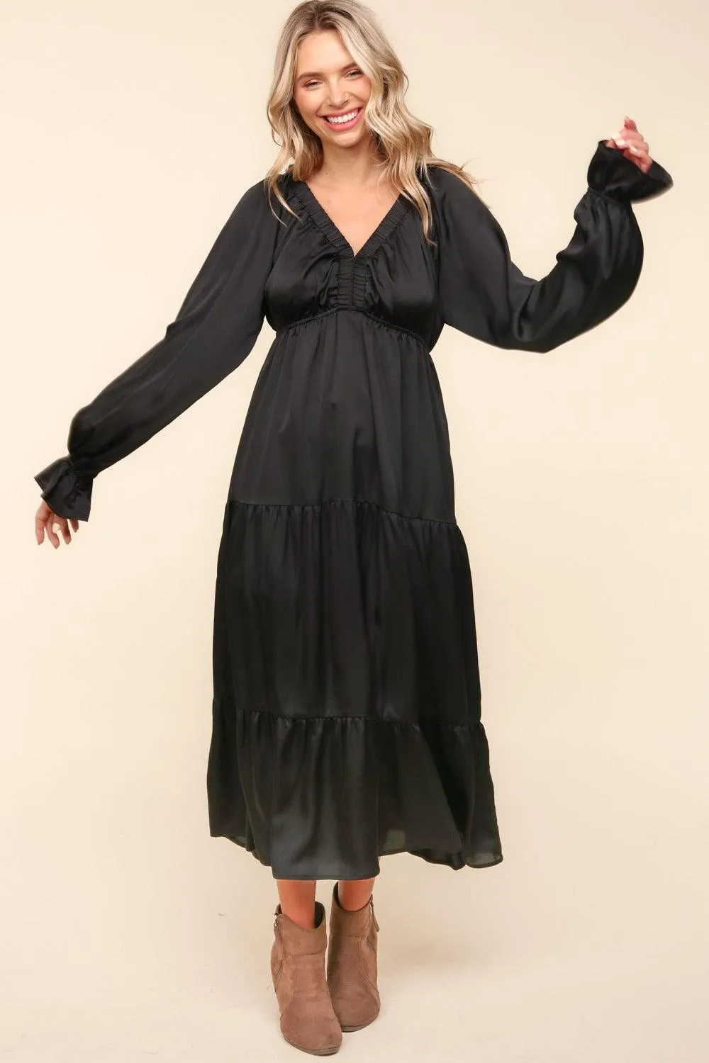 Haptics Midi Dress Flounce Long Sleeve Tiered with Pockets