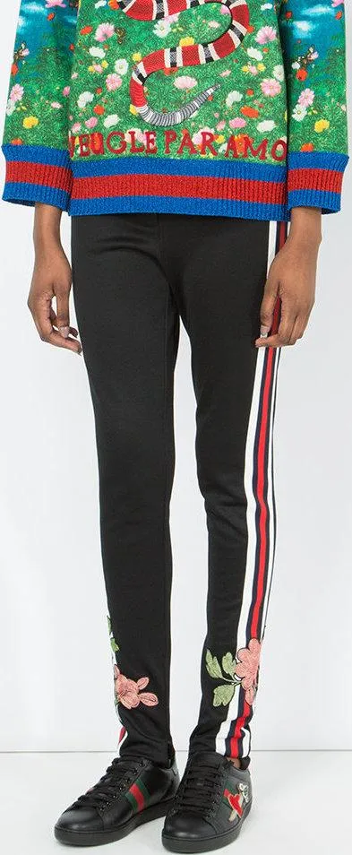 Jersey Floral-Embroidered Stirrup Trousers