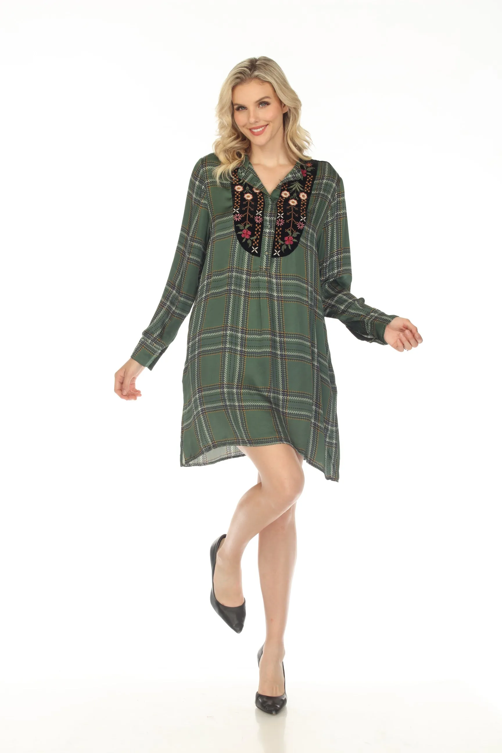 Johnny Was Workshop Plaid Viviana Tuxedo Yoke Embroidered Tunic Dress Boho Chic W27723