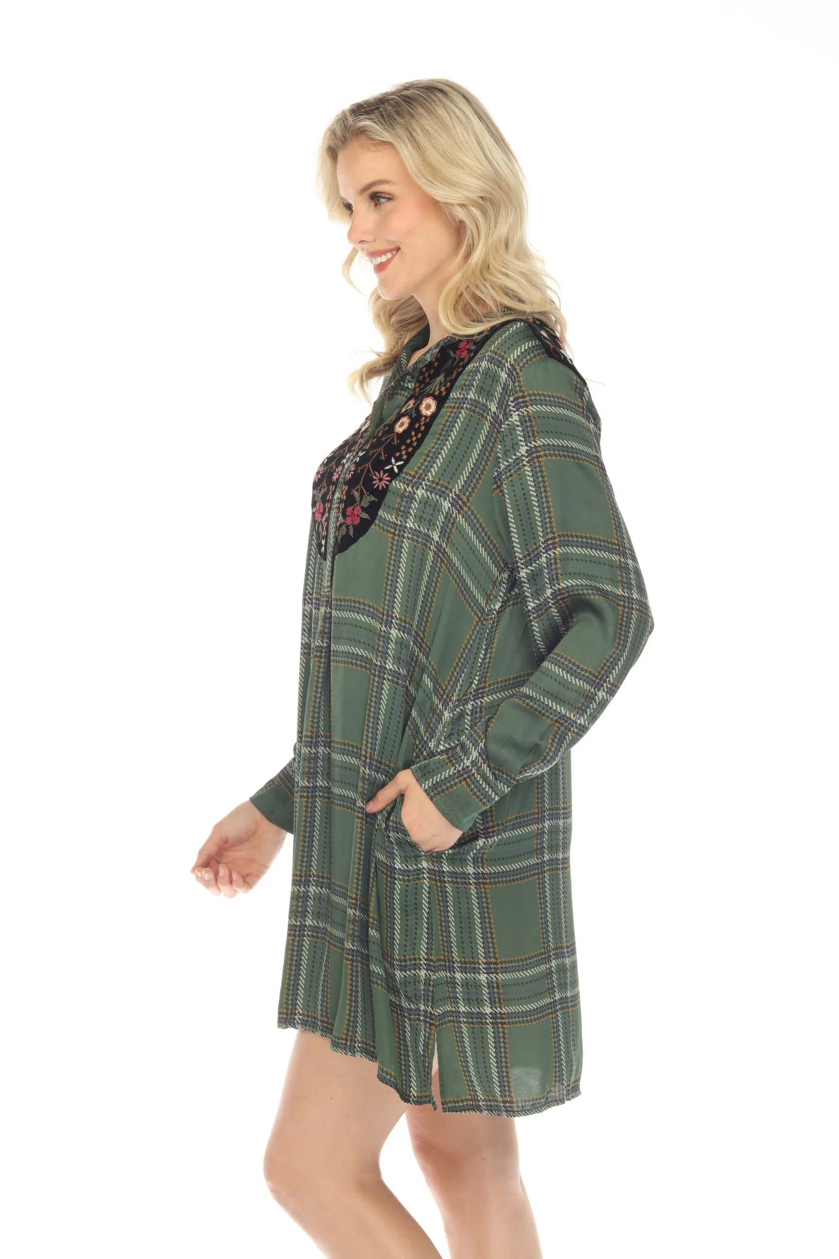 Johnny Was Workshop Plaid Viviana Tuxedo Yoke Embroidered Tunic Dress Boho Chic W27723