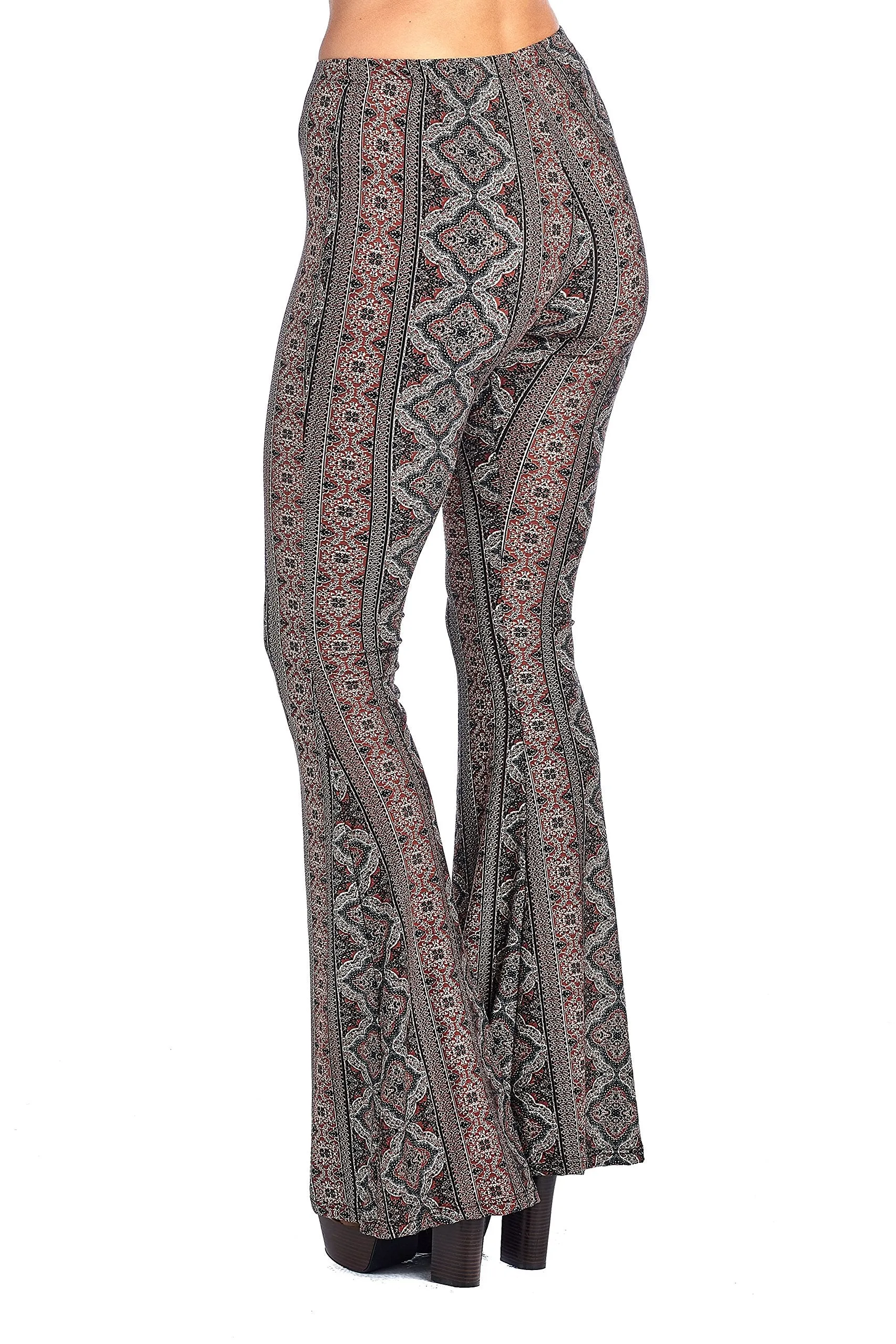 Khanomak Mid-Rise Waist Mixed Print Long Bell Bottom Flared Legging Pants