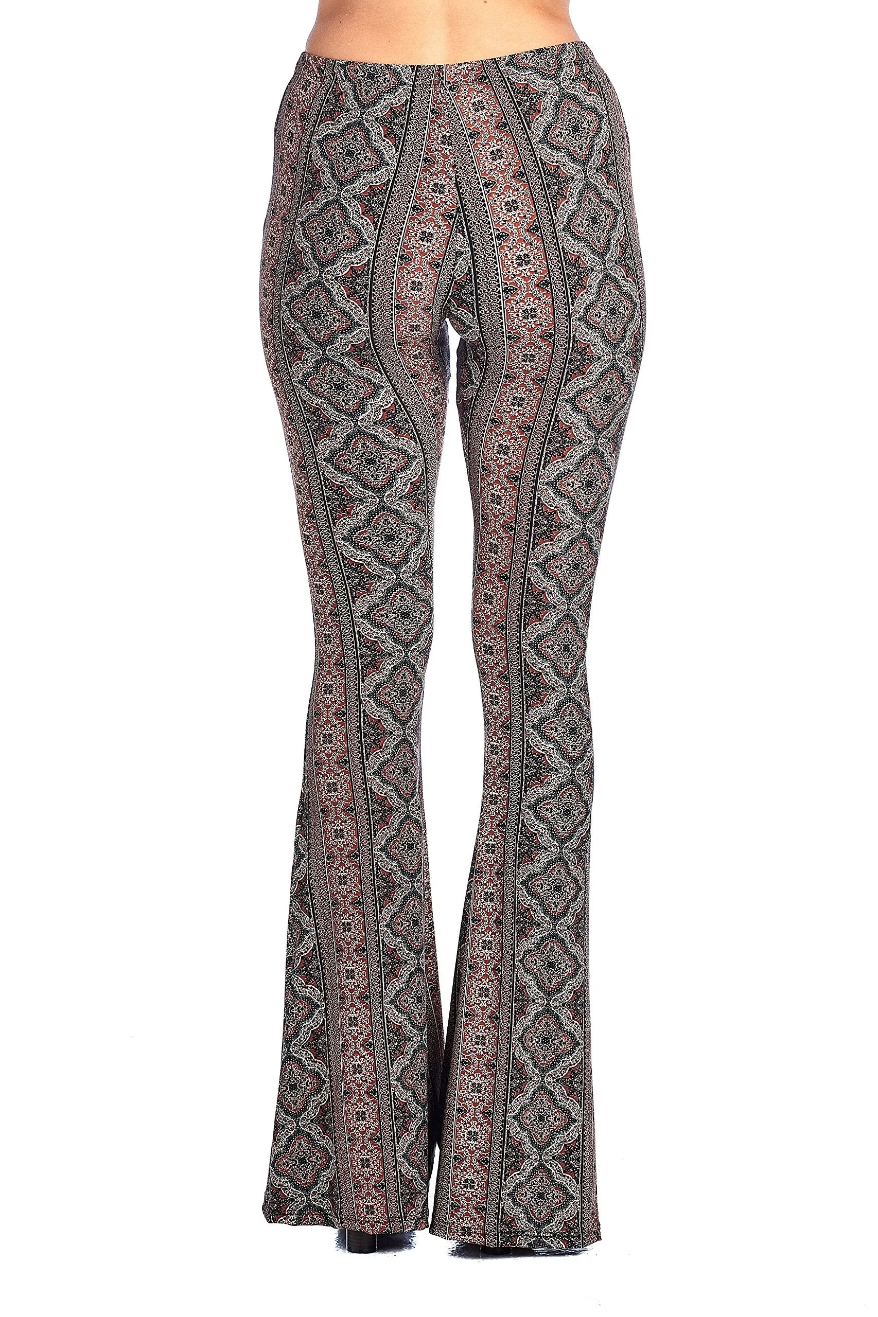 Khanomak Mid-Rise Waist Mixed Print Long Bell Bottom Flared Legging Pants