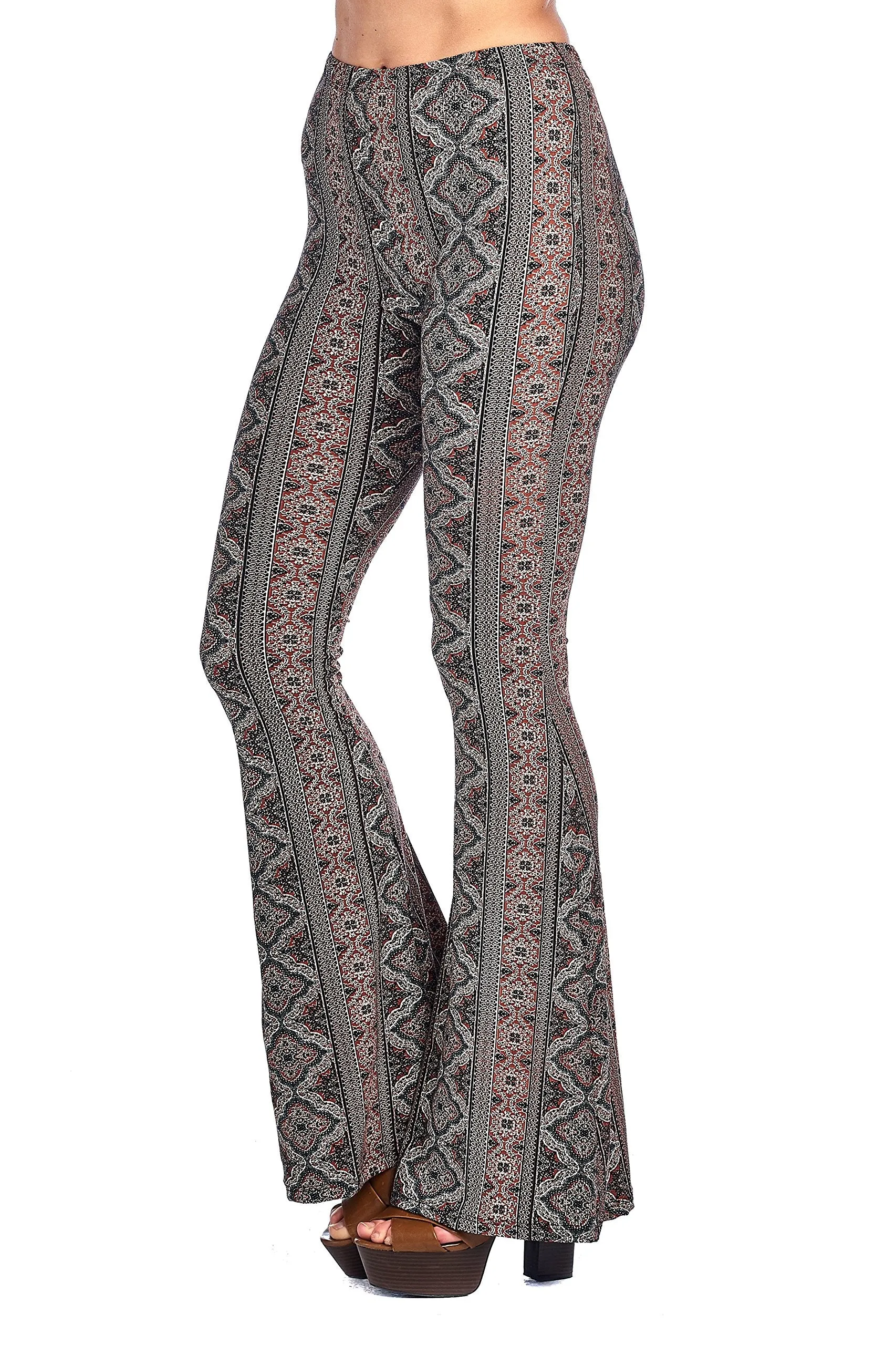 Khanomak Mid-Rise Waist Mixed Print Long Bell Bottom Flared Legging Pants