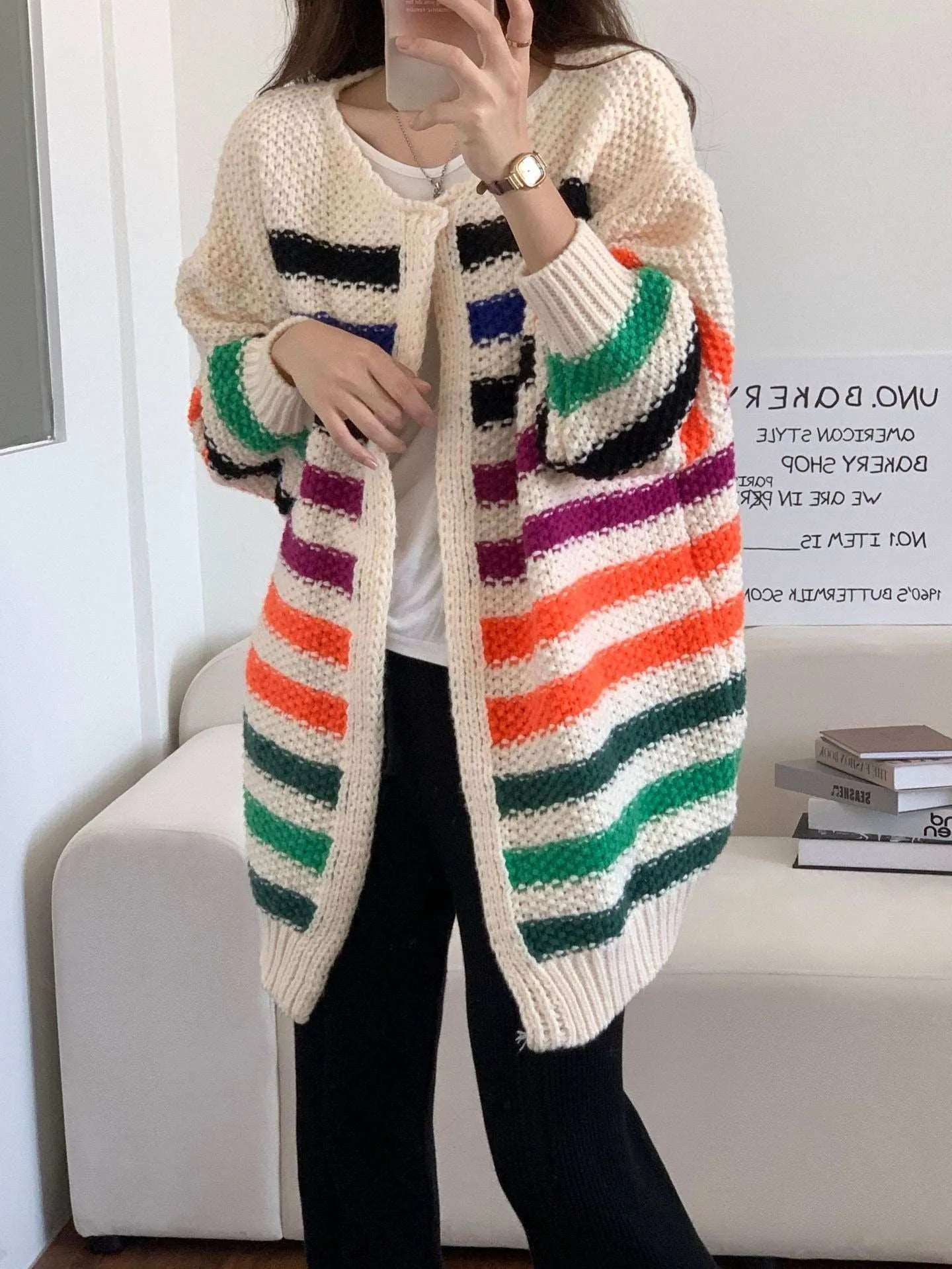 Lazy style contrasting color knitted cardigan sweater jacket imitation handmade hook knitted cardigan