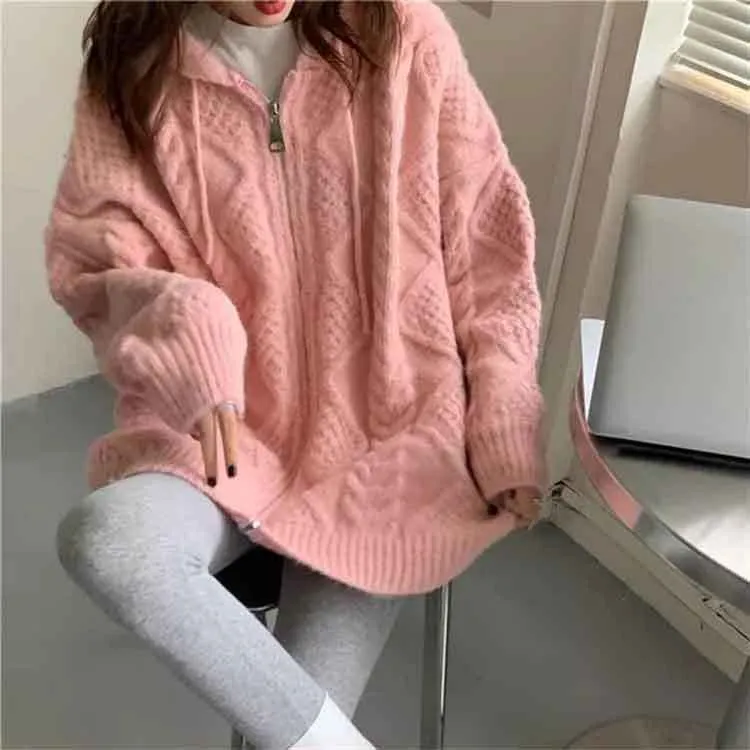 Long Sleeve Zipper Hooded Knitted Sweater