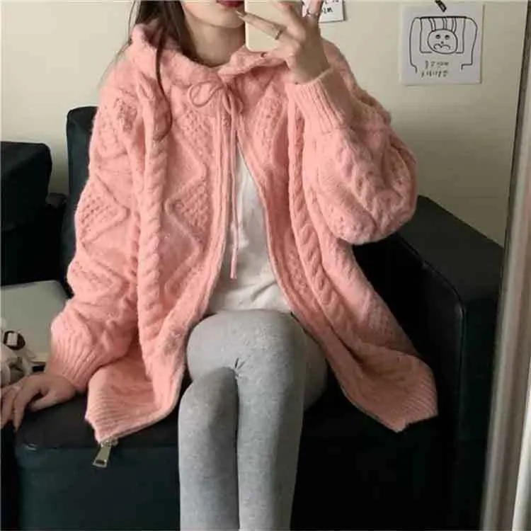 Long Sleeve Zipper Hooded Knitted Sweater