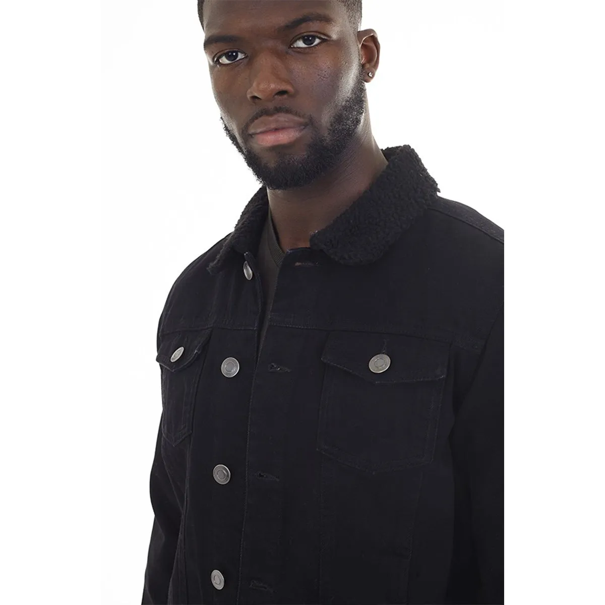 Mens WILBURN Casual Denim Black Jacket with Borg Collar