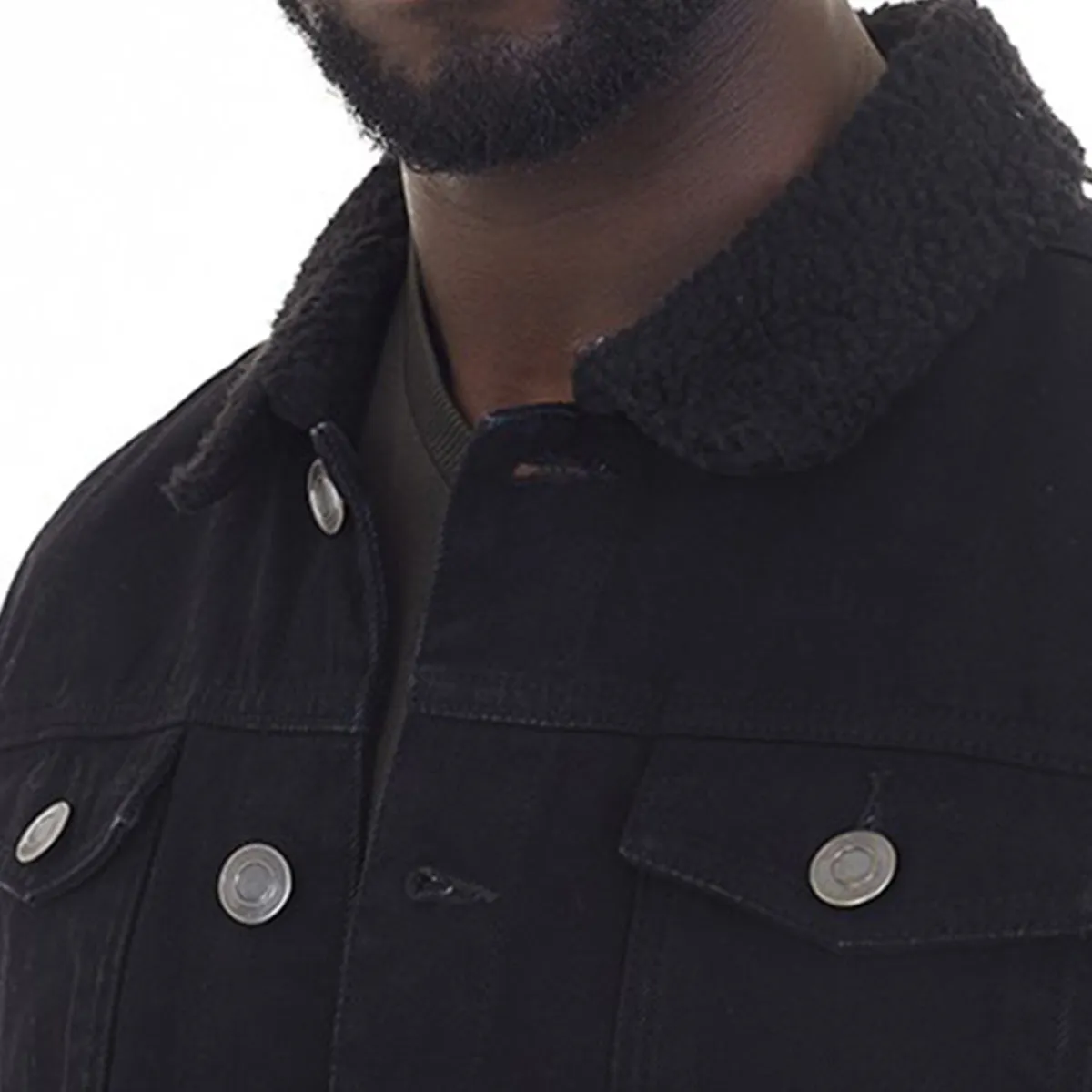 Mens WILBURN Casual Denim Black Jacket with Borg Collar