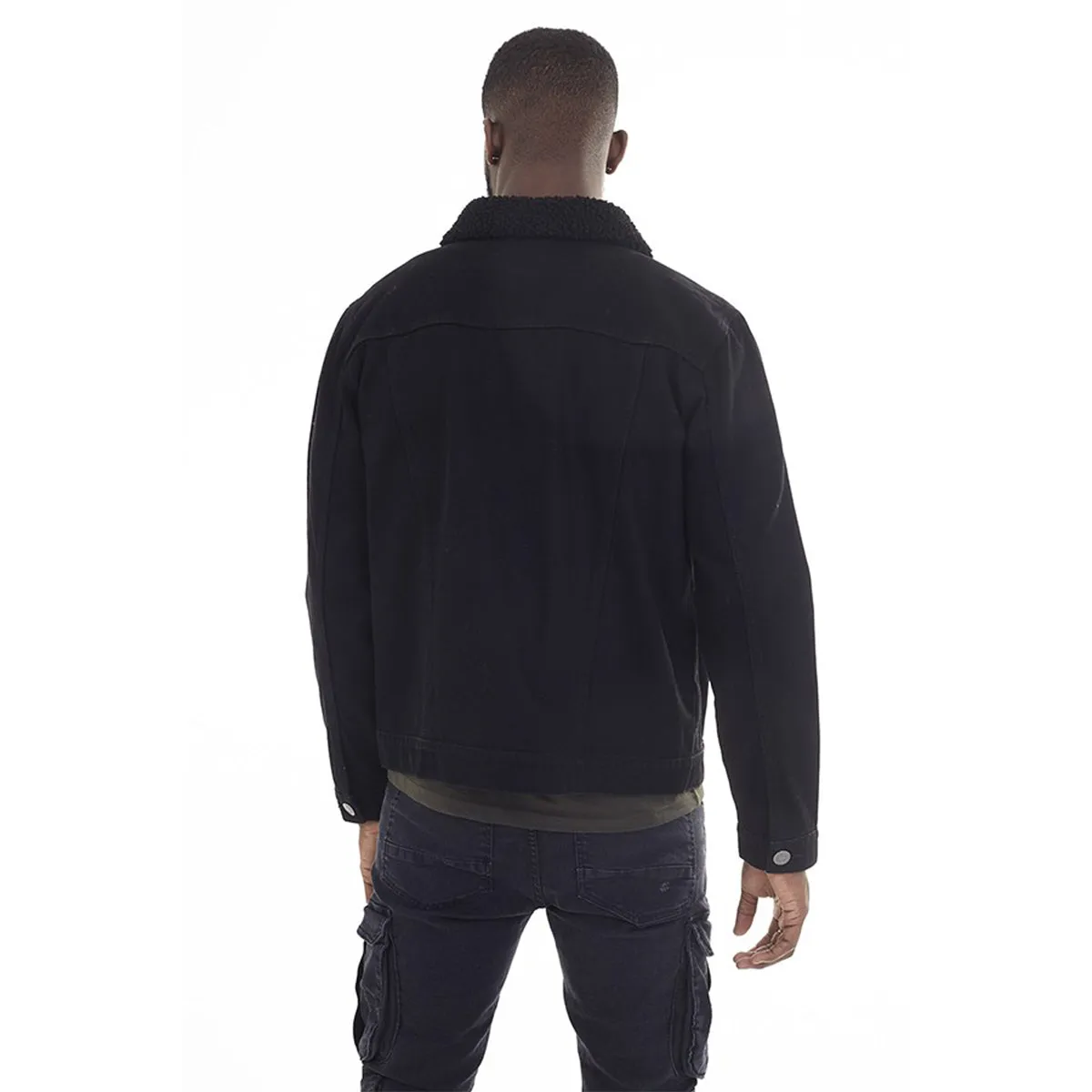 Mens WILBURN Casual Denim Black Jacket with Borg Collar