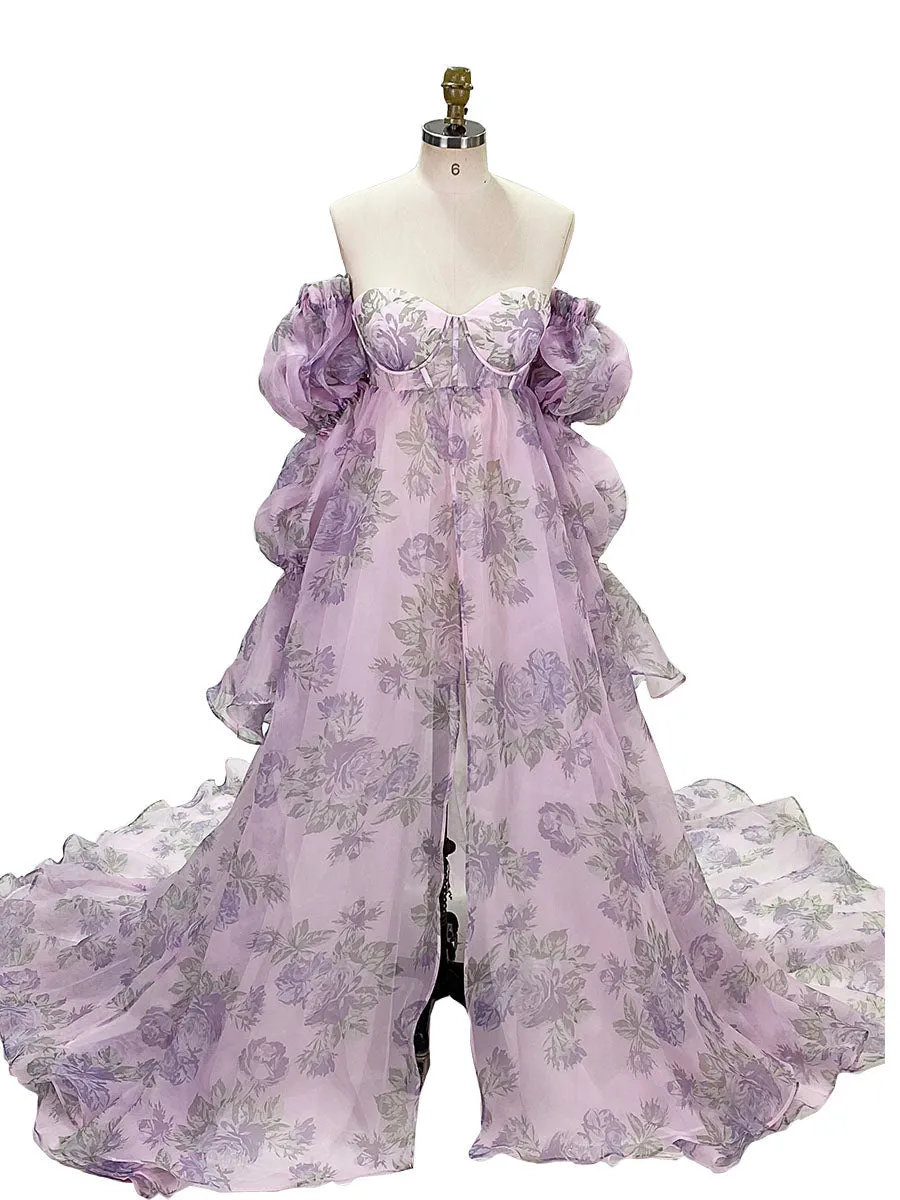 New Floral Printing Silk Organza Maternity Dresses for Photoshoot Baby Shower Photography Props Lace Up Back  YW221105