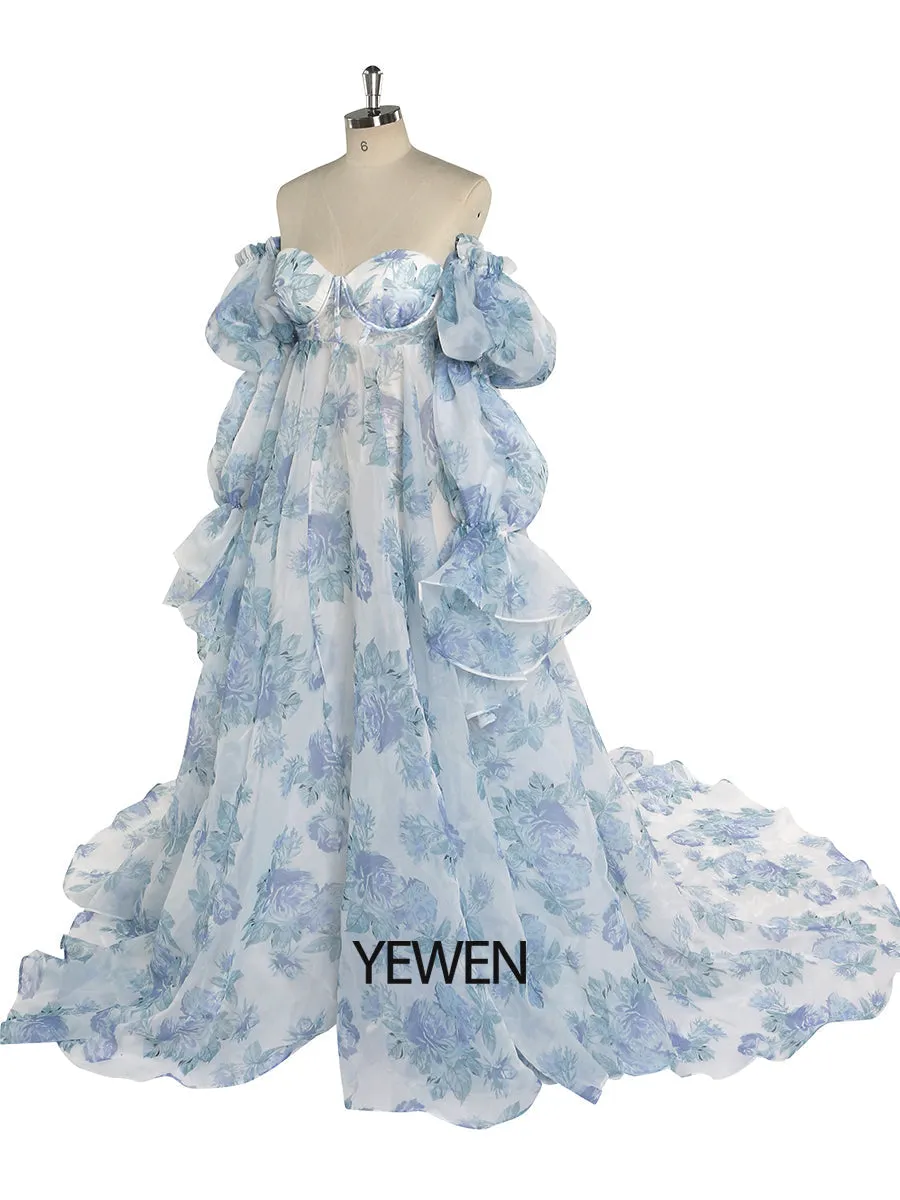 New Floral Printing Silk Organza Maternity Dresses for Photoshoot Baby Shower Photography Props Lace Up Back  YW221105