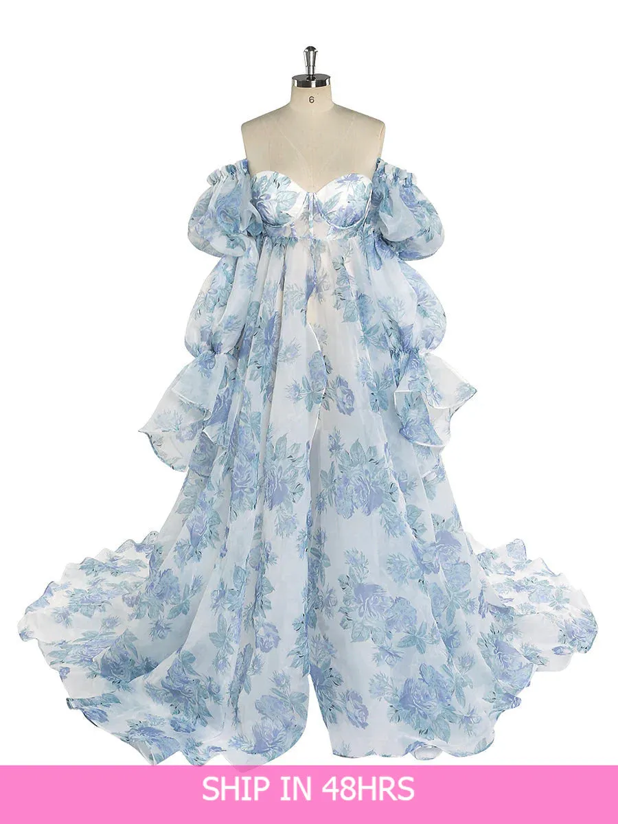 New Floral Printing Silk Organza Maternity Dresses for Photoshoot Baby Shower Photography Props Lace Up Back  YW221105