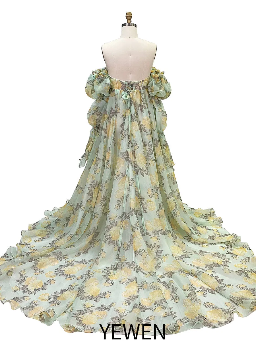 New Floral Printing Silk Organza Maternity Dresses for Photoshoot Baby Shower Photography Props Lace Up Back  YW221105