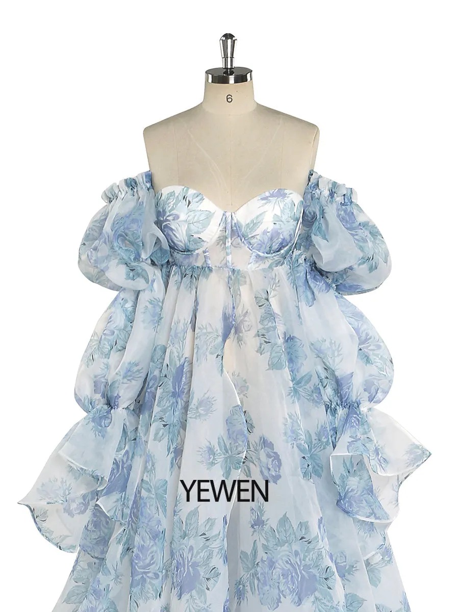 New Floral Printing Silk Organza Maternity Dresses for Photoshoot Baby Shower Photography Props Lace Up Back  YW221105
