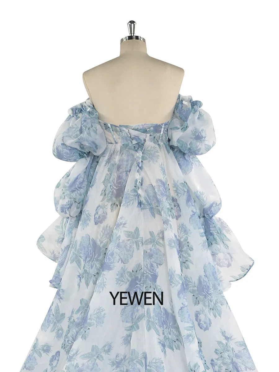 New Floral Printing Silk Organza Maternity Dresses for Photoshoot Baby Shower Photography Props Lace Up Back  YW221105