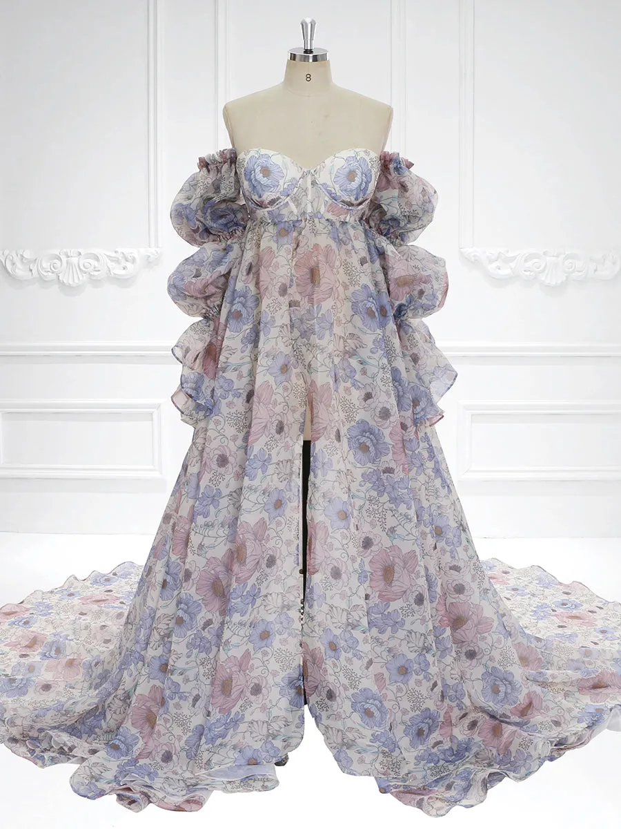 New Floral Printing Silk Organza Maternity Dresses for Photoshoot Baby Shower Photography Props Lace Up Back  YW221105