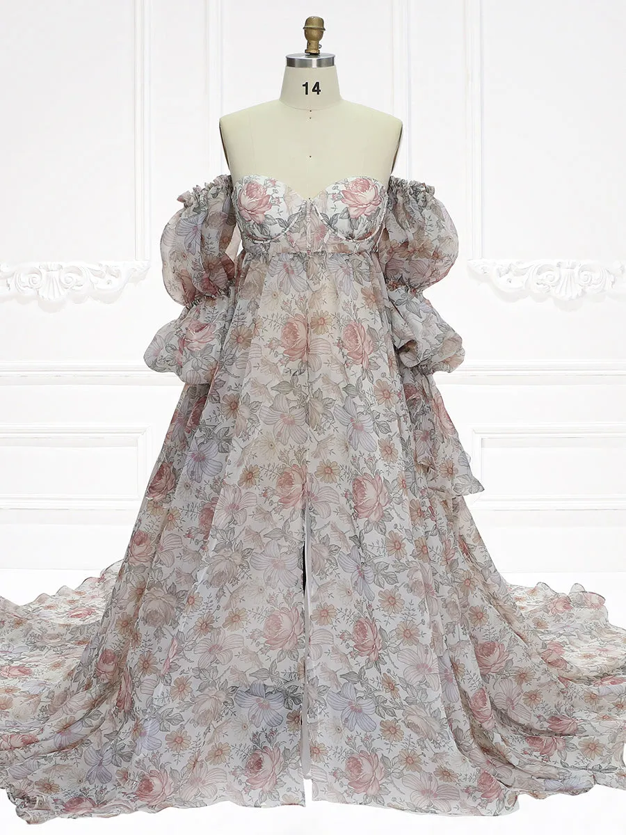 New Floral Printing Silk Organza Maternity Dresses for Photoshoot Baby Shower Photography Props Lace Up Back  YW221105