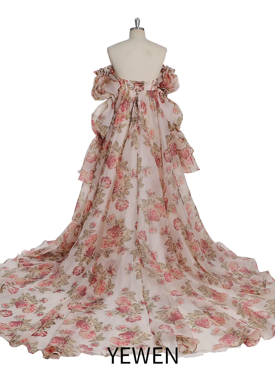 New Floral Printing Silk Organza Maternity Dresses for Photoshoot Baby Shower Photography Props Lace Up Back  YW221105