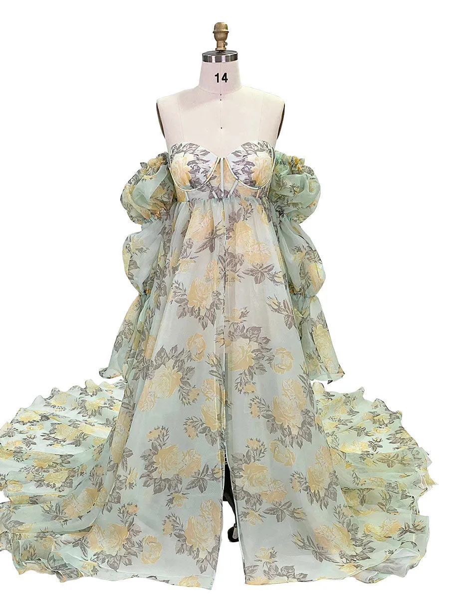 New Floral Printing Silk Organza Maternity Dresses for Photoshoot Baby Shower Photography Props Lace Up Back  YW221105