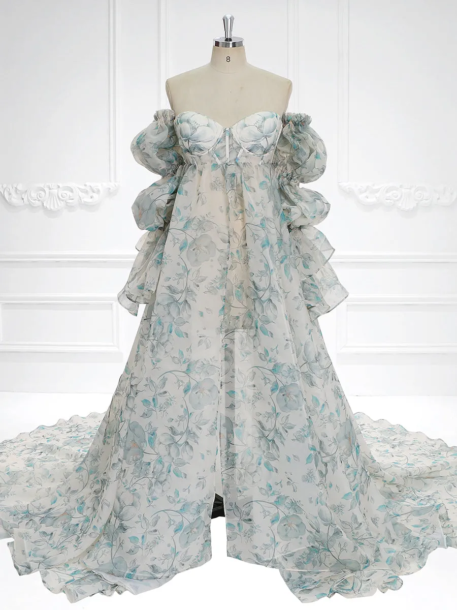 New Floral Printing Silk Organza Maternity Dresses for Photoshoot Baby Shower Photography Props Lace Up Back  YW221105