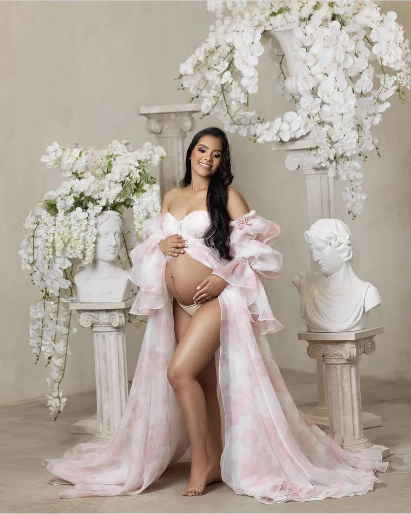 New Floral Printing Silk Organza Maternity Dresses for Photoshoot Baby Shower Photography Props Lace Up Back  YW221105