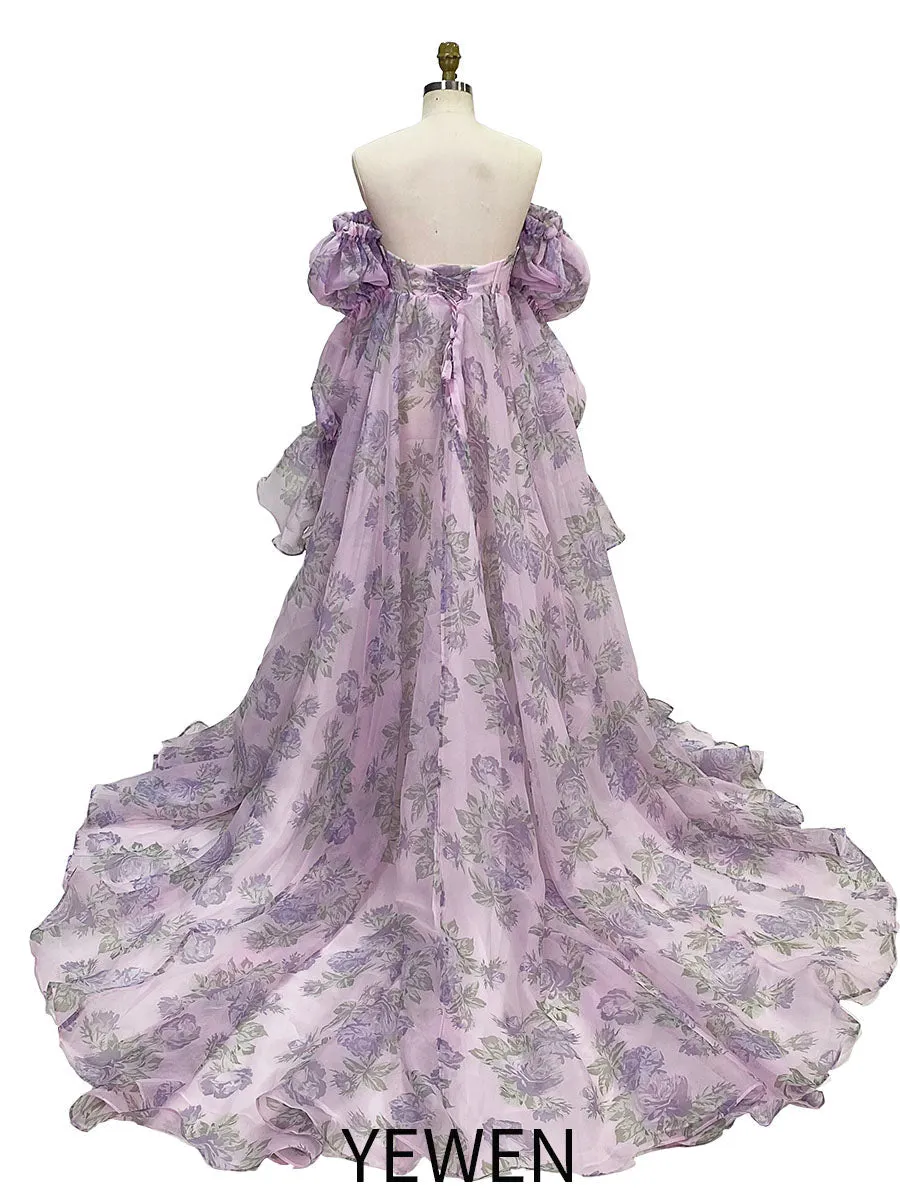 New Floral Printing Silk Organza Maternity Dresses for Photoshoot Baby Shower Photography Props Lace Up Back  YW221105
