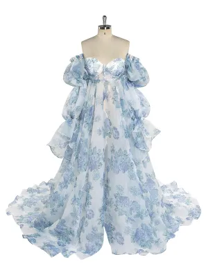 New Floral Printing Silk Organza Maternity Dresses for Photoshoot Baby Shower Photography Props Lace Up Back  YW221105