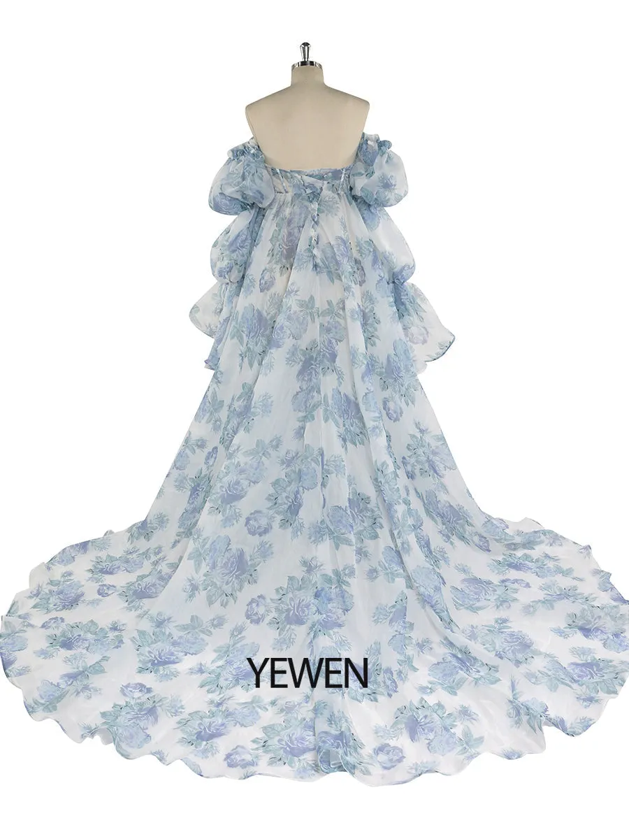 New Floral Printing Silk Organza Maternity Dresses for Photoshoot Baby Shower Photography Props Lace Up Back  YW221105