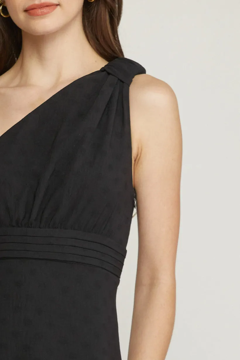 One Shoulder Tiered Black Midi Dress