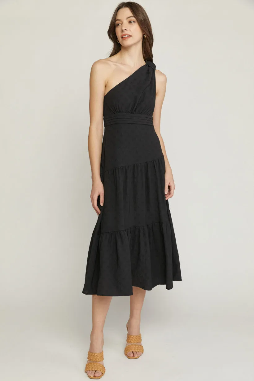 One Shoulder Tiered Black Midi Dress