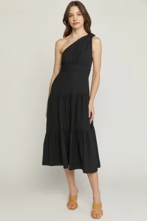One Shoulder Tiered Black Midi Dress