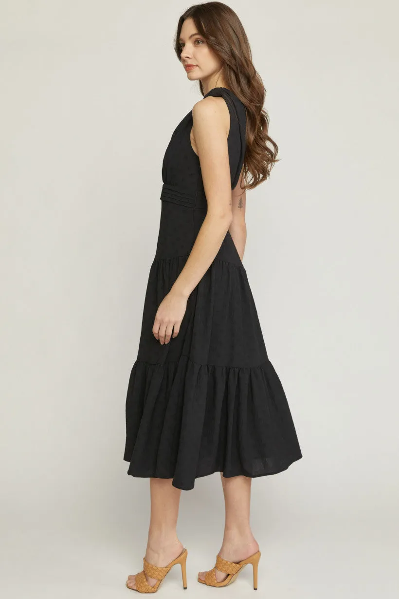 One Shoulder Tiered Black Midi Dress