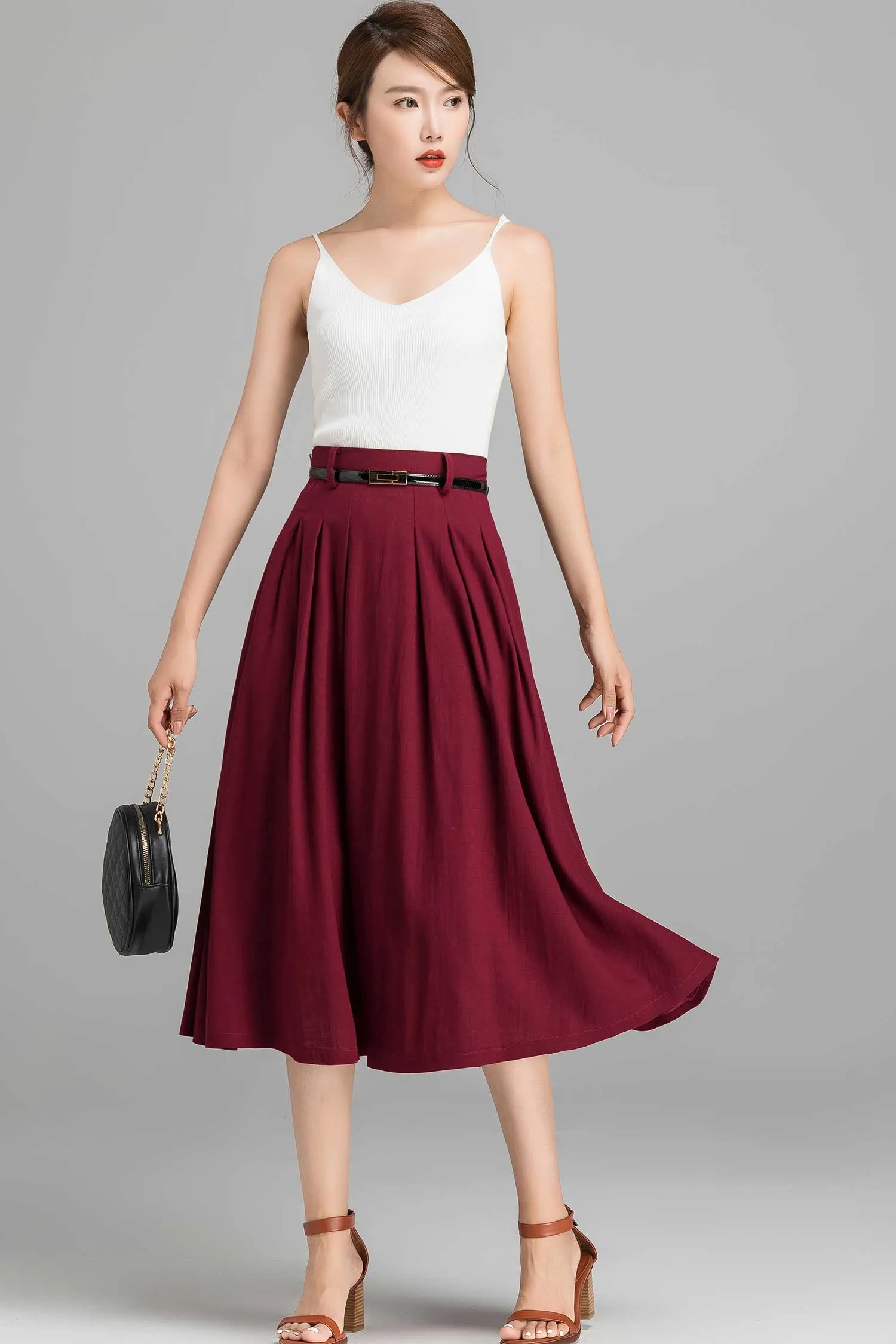 Pleated A line midi skirt for women 2370#