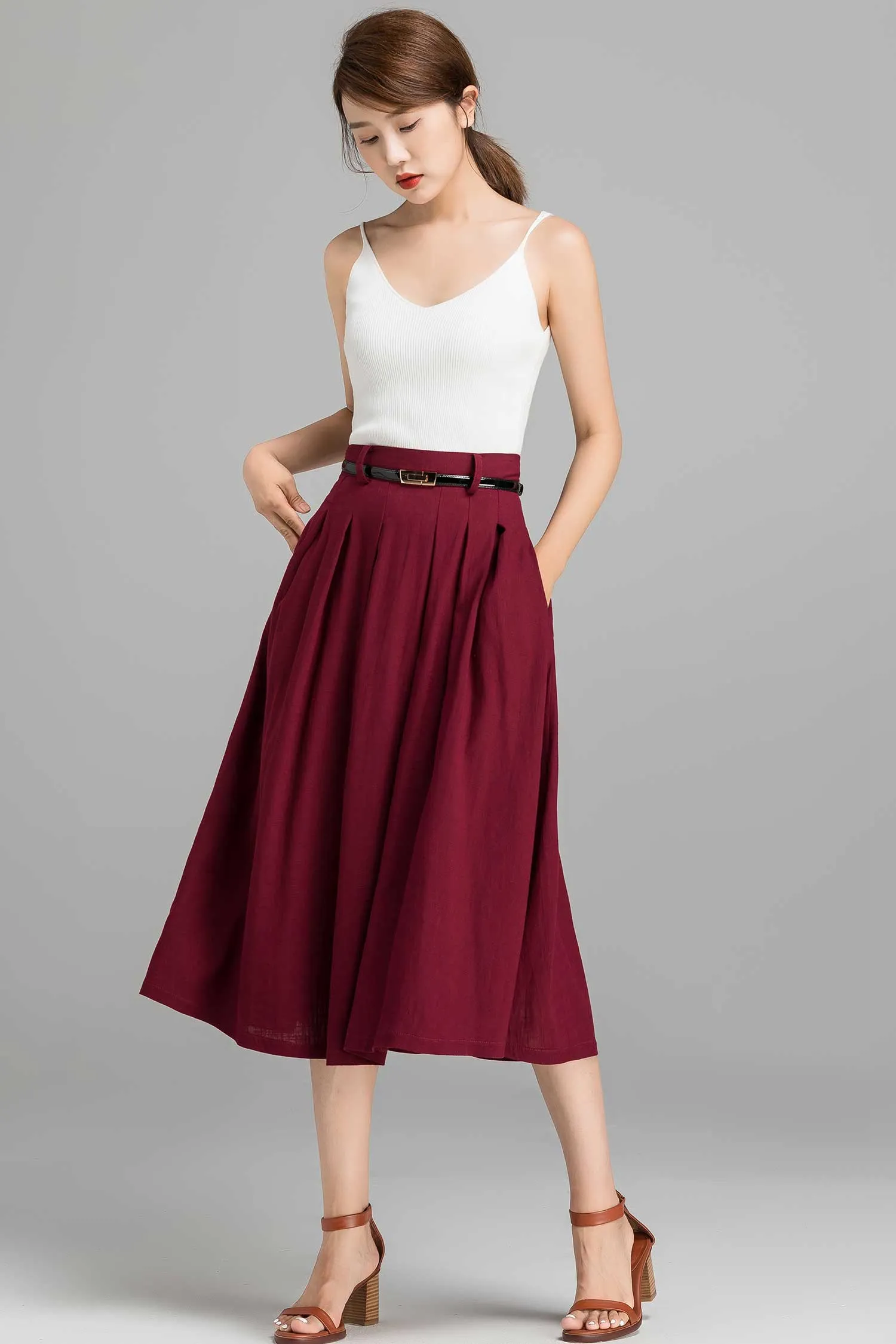 Pleated A line midi skirt for women 2370#