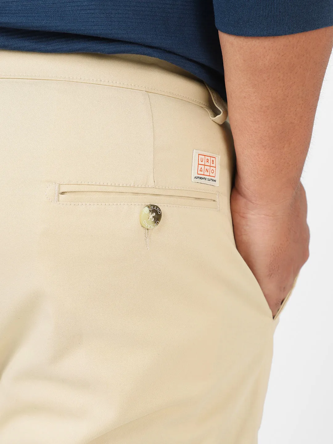 Plus Men's Cream Cotton Regular Fit Casual Chinos Trousers Stretch