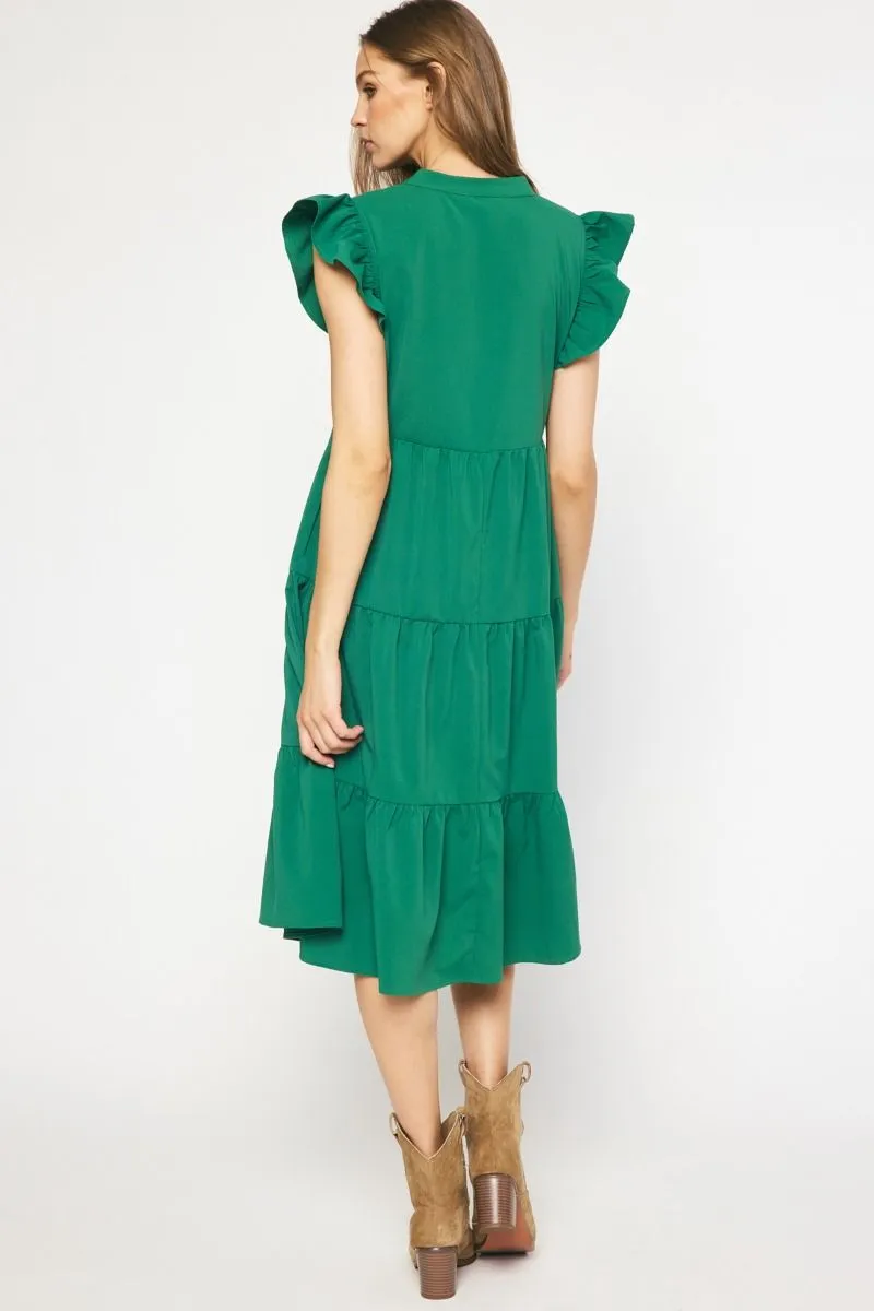 Ruffled Pocket Tiered Midi Dress, Green