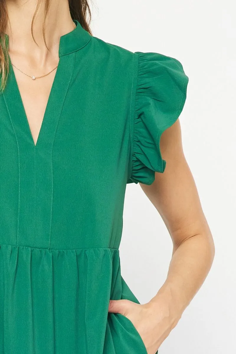 Ruffled Pocket Tiered Midi Dress, Green