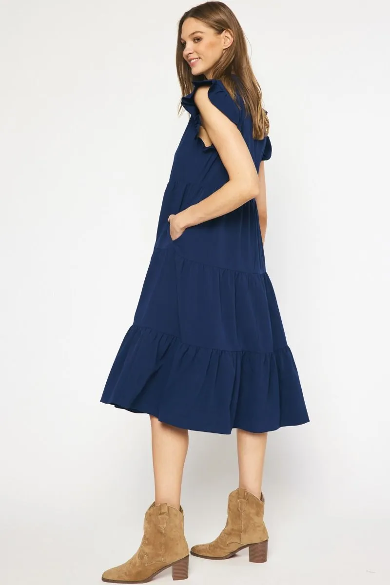 Ruffled Pocket Tiered Midi Dress, Navy
