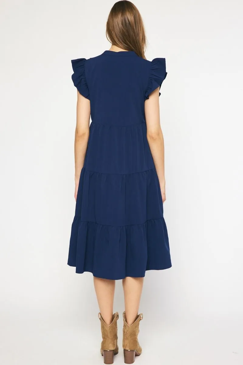 Ruffled Pocket Tiered Midi Dress, Navy