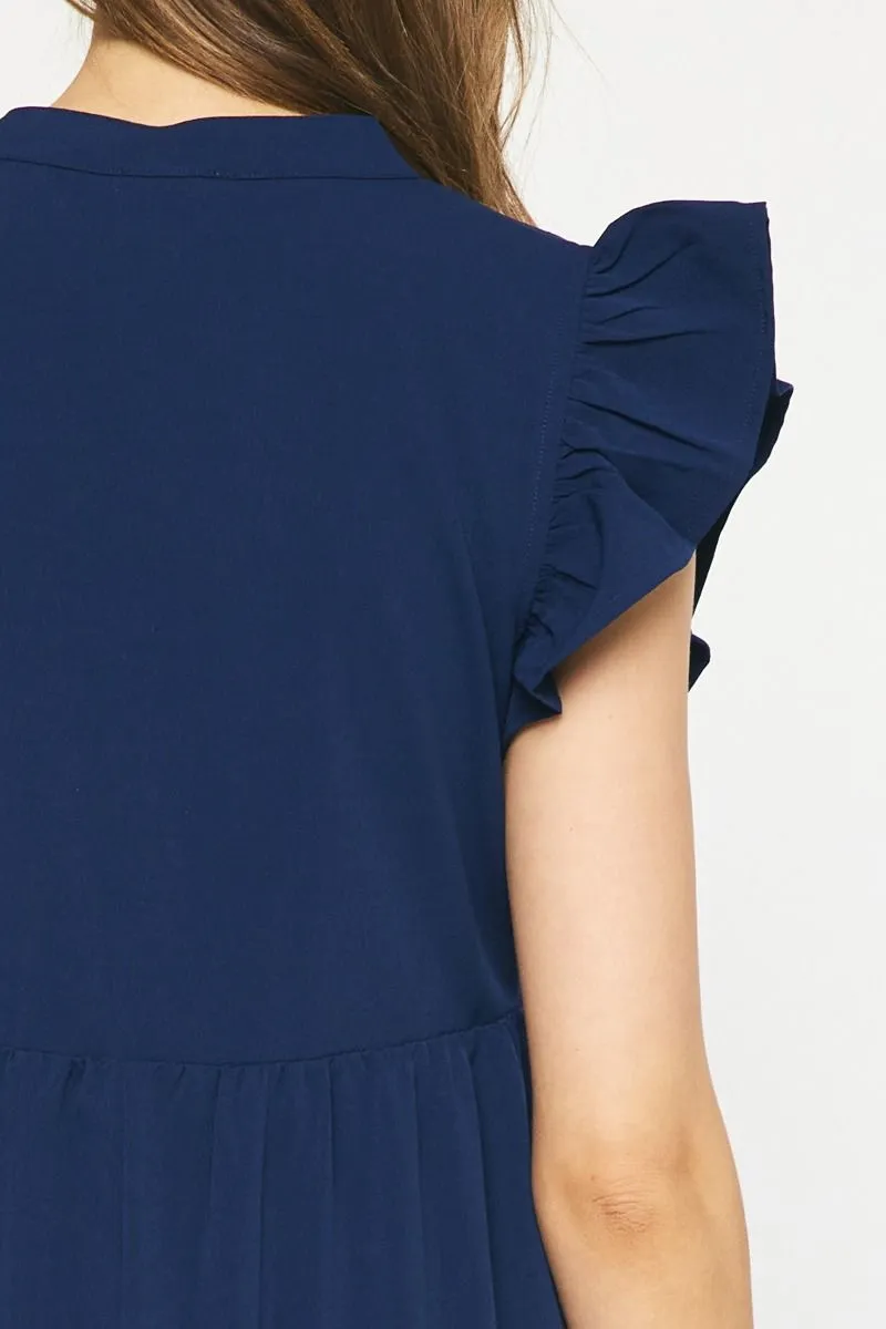 Ruffled Pocket Tiered Midi Dress, Navy