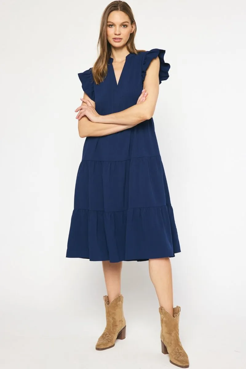 Ruffled Pocket Tiered Midi Dress, Navy