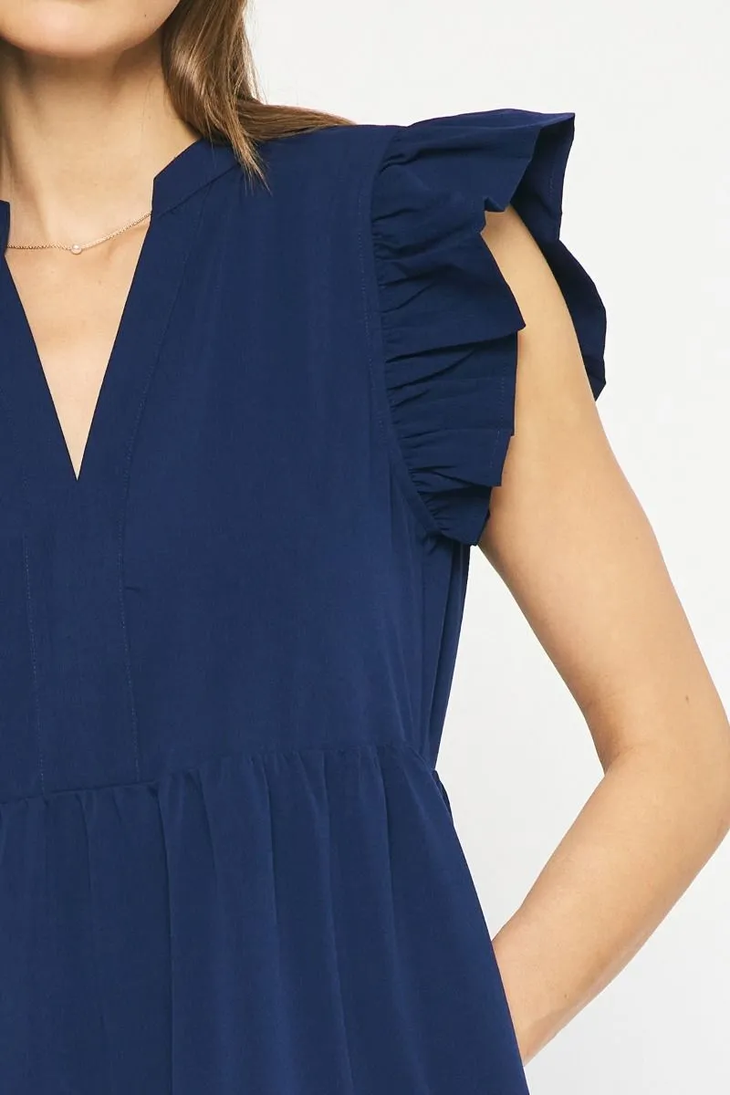 Ruffled Pocket Tiered Midi Dress, Navy