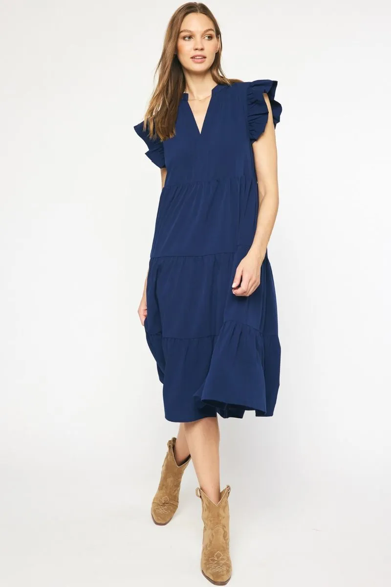 Ruffled Pocket Tiered Midi Dress, Navy