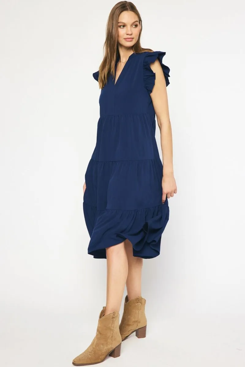 Ruffled Pocket Tiered Midi Dress, Navy
