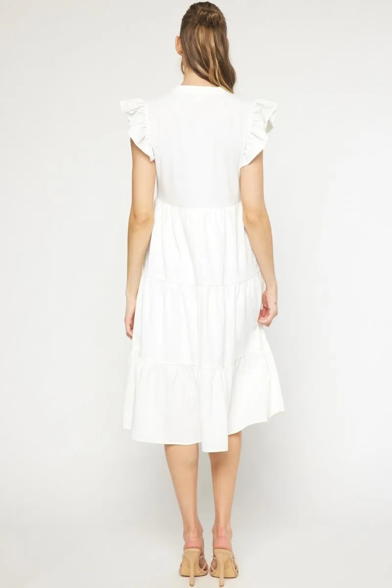Ruffled Pocket Tiered Midi Dress, Off White