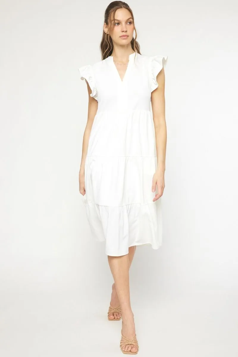 Ruffled Pocket Tiered Midi Dress, Off White