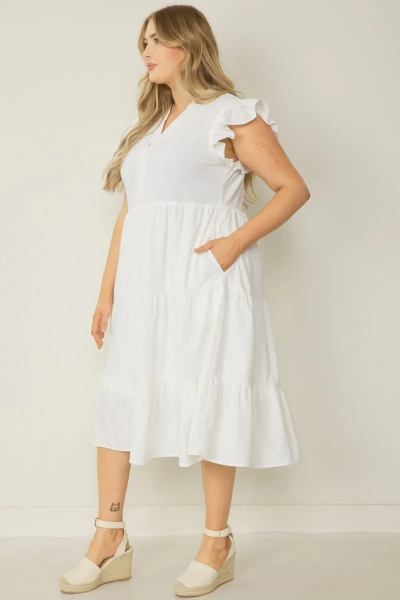 Ruffled Pocket Tiered Midi Dress, Off White