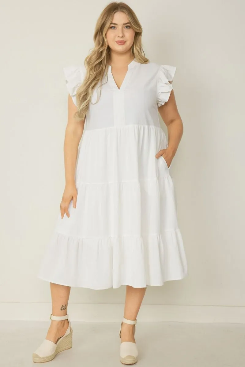 Ruffled Pocket Tiered Midi Dress, Off White