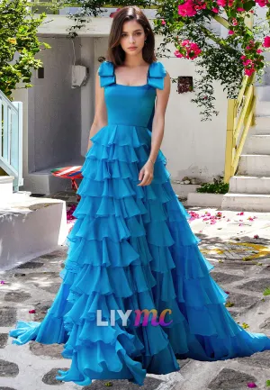 Scoop Sleeveless Tiered A-Line Sweep Train Prom Dress